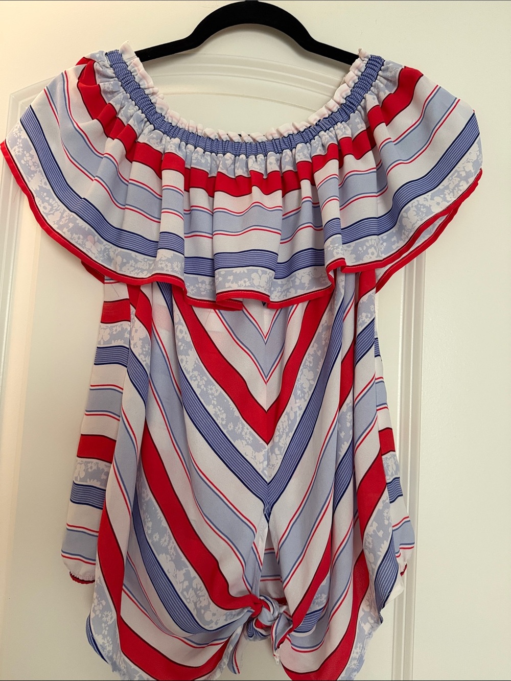 Express Womens Off-Shoulder One-Piece in Red, Blue & White
